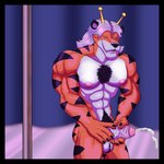 anthro ball_tuft balls big_muscles bodily_fluids body_hair bottomwear butt clothing cum cumshot ejaculation erection foreskin fur genital_fluids genitals hair male masturbation muscular muscular_male navel nipples nude orange_body pants pecs penis pole precum pubes simple_background solo stripes stripper_pole tuft vein veiny_penis white_body white_hair spikysketches cartoon_network foster's_home_for_imaginary_friends blake_superior felid imaginary_friend mammal pantherine tiger absurd_res digital_media_(artwork) hi_res