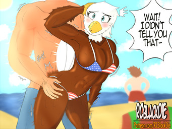 abs american_flag_bikini anthro beach beak big_breasts big_butt bikini blue_eyes breasts butt clothing cloud dialogue duo eyebrows female flag_bikini flag_swimwear from_behind_position hand_on_butt hand_on_hip holidays human_on_anthro interspecies light looking_at_viewer male male/female muscular sand sex sunlight sunny swimwear text thick_thighs thrust_lines thrusting thrusting_forward thrusting_sound_effect two-piece_swimsuit rcblackdie 4th_of_july accipitrid accipitriform avian bald_eagle bird eagle human mammal sea_eagle 4:3 absurd_res english_text hi_res