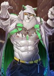 abs alley anthro bottomwear claws clothed clothing finger_claws green_eyes hoodie jacket long_coat male muscular muscular_anthro muscular_male navel nipples open_clothing open_jacket open_topwear pants pawpads pecs red_sclera shirtless solo topwear grausummon lifewonders live_a_hero monomasa canid canine canis domestic_dog husky mammal nordic_sled_dog spitz