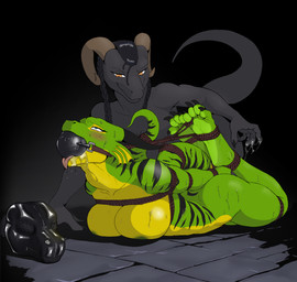 2_horns 4_toes 5_fingers all_fours ankles_tied anthro anthro_penetrated arms_tied athletic athletic_anthro athletic_female ball_gag bdsm bedroom_eyes big_breasts biped black_hair black_horn black_stripes blue_eyes blush bodily_fluids bondage bound breast_bondage breast_squish breasts butt claws clothing cock_gag curvy_figure dominant dominant_female drooling duo eyebrows eyelashes feet female female/female female_penetrated finger_claws fingers fully_bound gag gagged genital_fluids green_body green_scales grey_body grey_scales hair half-closed_eyes hands_behind_back hands_tied hogtied horn hourglass_figure implied_fingering latex latex_clothing latex_mask legs_tied lightened_soles looking_at_another looking_at_partner looking_pleasured lying mask muffled multicolored_body multicolored_scales narrowed_eyes neck_bulge nude nude_anthro nude_female on_front open_mouth open_mouth_gag oral oral_penetration orange_eyes paws penetration restrained restraints rope rope_bondage rope_harness saliva scales seductive sex_toy smile smiling_at_another smiling_at_partner soles squish striped_body striped_scales stripes submissive submissive_anthro submissive_female sweat tail tail_bondage tail_tied thick_thighs toe_claws toe_restraints toes toes_tied tongue tongue_out vaginal_fluids yellow_body yellow_scales zavni mythology adhara zavni_(character) dragon mythological_creature mythological_scalie scalie wingless_dragon hi_res