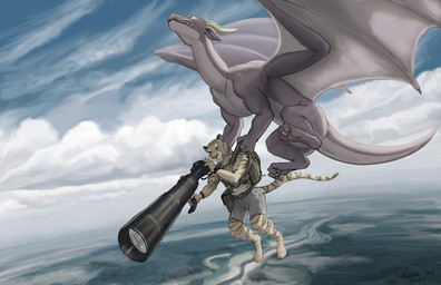 ambiguous_gender anthro backpack bag barefoot belt black_stripes bottomwear camera claws clothed clothing cloud countershading day detailed_background digitigrade duo feet feral flying fur grey_body grey_scales hindpaw holding_object leucistic male membrane_(anatomy) membranous_wings outside paws riding scales shorts size_difference sky striped_body striped_fur stripes tail white_body white_countershading white_fur wings conditional_dnp kodardragon mythology dragon felid mammal mythological_creature mythological_scalie pantherine scalie tiger hi_res