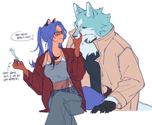aged_up alternate_hairstyle anthro bangs black_highlights blue_body blue_eyes blue_fur blue_hair bottomwear breasts chest_tuft claws clothed clothing coat collar crop_top crossed_legs denim denim_bottomwear denim_clothing dipstick_tail duo eye_contact facial_markings female fur gloves grin hair handwear head_markings highlights_(coloring) holding_object holding_paper holding_snout jacket jealous jeans long_bangs long_hair looking_at_another male male/female markings mask_(marking) medium_breasts midriff multicolored_body multicolored_eyes multicolored_fur navel orange_body orange_fur pants paper ponytail red_clothing red_jacket red_topwear romantic romantic_couple shirt side_bangs simple_background sitting smile snout speech_bubble tail tail_markings talking_to_another talking_to_partner text topwear translucent translucent_clothing translucent_topwear trenchcoat tuft two_tone_body two_tone_fur white_background white_body white_fur mhcmm909 brand_new_animal studio_trigger michiru_kagemori shirou_ogami canid canine canis mammal raccoon_dog tanuki wolf 2025 digital_drawing_(artwork) digital_media_(artwork) hi_res korean_text translated