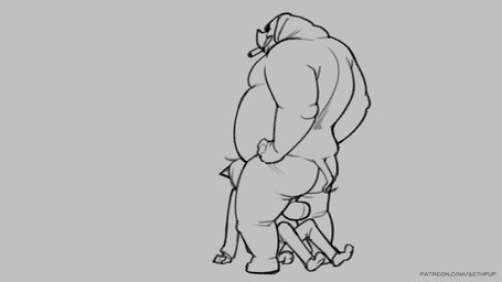 anthro backsack bald balls big_balls bouncing_balls butt cigar cigar_in_mouth clothed clothed/nude clothing duo ears_down eyes_closed fellatio footwear genitals hair hands_on_hips irrumatio larger_male male male/male male_penetrated male_penetrating male_penetrating_male nude object_in_mouth obscured_penetration oral overweight overweight_male penetration penile penis_in_mouth pivoted_ears sex shoes short_hair simple_background sitting size_difference smaller_male smile standing tail text sethpup seth_(sethpup) canid canine canis domestic_dog domestic_pig mammal suid suine sus_(pig) 16:9 animated frame_by_frame greyscale monochrome url widescreen