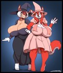 anthro big_breasts black_border border breasts clothed clothing duo female fur hair hat headgear headwear holidays huge_breasts looking_at_viewer magic_user multicolored_body multicolored_fur one_eye_closed open_mouth red_hair smile smiling_at_viewer thick_thighs two_tone_body two_tone_fur white_hair wink winking_at_viewer witch witch_costume witch_hat deonwolf halloween millie_(sarenthestalwart) minnie_(sarenthestalwart) canid canine canis domestic_dog husky mammal nordic_sled_dog spitz 2022 digital_media_(artwork) hi_res