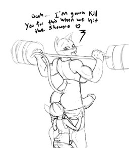 anal anthro athletic_wear blush breasts butt clothed clothing dialogue duo erection exercise eyes_closed genitals gynomorph gynomorph/male heart_symbol intersex intersex/male larger_gynomorph larger_intersex male muscular muscular_gynomorph muscular_intersex oral partially_clothed penis raised_tail rimming sex shirt simple_background size_difference smaller_male submissive submissive_male tail tank_top text tongue tongue_out topwear underwear underwear_down weightlifting weights white_background workout slashysmiley canid canine domestic_cat felid feline felis mammal 2017 english_text hi_res monochrome sketch