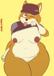 anthro areola barely_visible_genitalia barely_visible_pussy belly big_breasts black_nose bottomless bottomless_female breasts brown_body brown_clothing brown_eyes brown_fur brown_hat brown_headwear clothed clothing clothing_lift exposed_breasts exposure_variation female flashing flashing_breasts fupa fur genitals gloves_(marking) hat headgear headwear markings navel nipples nude one_eye_closed overweight overweight_anthro overweight_female partially_clothed pussy shirt shirt_lift simple_background solo thick_thighs three-quarter_view tongue tongue_out topwear white_belly wink yellow_background toonarscontent dogelore mcdonald's doge holly_avenue canid canine canis domestic_dog mammal shiba_inu spitz absurd_res hi_res meme signature