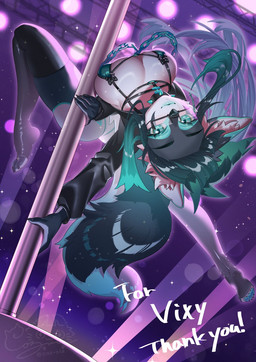 anthro black_body black_fur black_hair bow_tie breasts chain countershading dancing eyewear female fox_ears fox_tail fur glasses green_body green_eyes green_fur green_hair green_lipstick hair lipstick makeup multicolored_body multicolored_fur multicolored_hair pole pole_dancing solo stripper_pole tail upside_down wearing_glasses white_body white_fur coz_xia vivian_(vyrissvixy) arctic_fox canid canine fox mammal true_fox hi_res