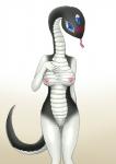 3_eyes a_centaur's_life anthro blue_eyes blush breasts female forked_tongue genitals multi_eye nipples non-mammal_breasts non-mammal_nipples nude orca_(artist) pussy quetzalcoatl_sassassul reptile scalie simple_background snake solo tongue tongue_out