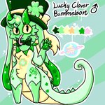 4_fingers anthro bow_tie clothing clover_(plant) fingers fur green_body green_eyes green_fur hat headgear headwear horn male plant solo tail lewdchuu_(artist) chameleon lagomorph leporid lizard mammal rabbit reptile scalie 1:1 hi_res model_sheet