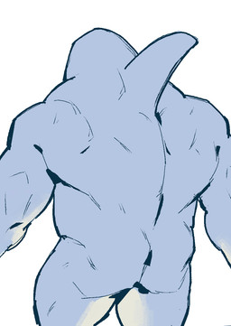 ambiguous_gender anthro blue_body countershade_legs countershading dorsal_fin fin nude nude_anthro nude_male rear_view simple_background solo thick_neck white_background kingarthur_i aquatic fish shark 2024 hi_res portrait three-quarter_portrait