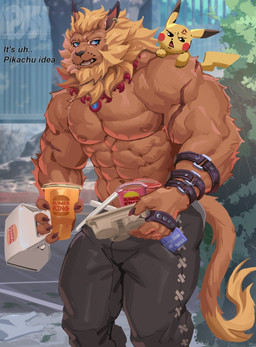 abs anthro duo ear_piercing food fur jewelry male mane muscular muscular_anthro muscular_male necklace nipples pecs piercing scar size_difference tail physen bandai_namco burger_king digimon nintendo pokemon digimon_(species) generation_1_pokemon leomon pikachu pokemon_(species) absurd_res hi_res