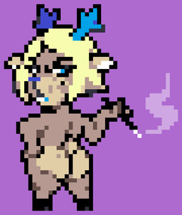 anthro antlers big_butt blonde_hair blue_antlers blue_eyes blue_nose brown_body brown_fur butt caught_staring cigarette cigarette_holder cigarette_smoke dimple eyelashes female fingers frown fur fur_markings hair hooves horn huge_butt looking_at_viewer makeup markings mature_female nude rear_view scowl simple_background smoke smoking solo tail tan_body tan_fur thick_thighs turning_around wide_hips moronicpixels deltarune undertale_(series) carol_holiday deer mammal new_world_deer reindeer digital_media_(artwork) pixel_(artwork)