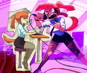 5_fingers anthro black_nose blue_eyes bottomwear breasts clothed clothed_anthro clothed_female clothing collared_shirt computer desk devil_horns_(gesture) electronics female female_anthro fingers front_view fur furniture gesture hair hand_gesture holding_microphone holding_object laptop leggings legwear light_body light_fur microphone mouth_closed necktie open_mouth ponytail shirt side_view sitting skirt solo table tail teeth topwear torn_clothing torn_leggings torn_legwear white_sclera fattcactus aggretsuko sanrio canid canine canis domestic_dog mammal 2025 absurd_res digital_drawing_(artwork) digital_media_(artwork) english_description hi_res