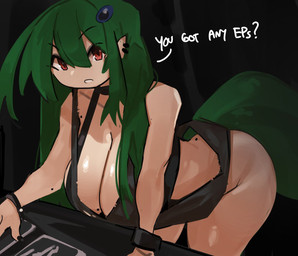 accessory big_breasts big_butt breasts butt cleavage clothed clothing dialogue ear_piercing female green_hair hair hair_accessory huge_breasts looking_at_viewer markings mole_(marking) open_mouth piercing red_eyes solo tail text thick_thighs zanamaoria animal_humanoid humanoid lizard_humanoid reptile reptile_humanoid scalie scalie_humanoid character_request english_text hi_res