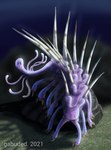 ambiguous_gender black_eyes dot_eyes feral looking_at_viewer multi_leg multi_limb purple_body solo spikes spikes_(anatomy) spines tentacles underwater water gabuded hallucigenia lobopod marine worm xenusiid 2021 digital_drawing_(artwork) digital_media_(artwork)