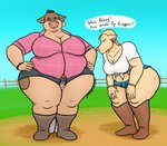 anthro belly big_belly big_breasts big_butt blonde_hair breasts brown_body brown_fur butt clothed clothing duo ear_piercing ear_ring female female_on_top fence fur green_eyes hair larger_female male nude obese obese_anthro obese_female on_top overweight overweight_anthro overweight_female piercing presenting ring_piercing sandwiched simple_background size_difference smaller_male solo text thick_thighs topwear wide_hips oystercatcher7 barnyard_(series) nickelodeon abby_(barnyard) bessy_(barnyard) pip_(barnyard) bovid bovine mammal digital_media_(artwork) english_text hi_res