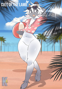 2_horns ambiguous_anthro ambiguous_gender anthro bottomless bottomless_ambiguous bottomless_anthro clothed clothing cloud day eyewear featureless_crotch hair hooves horn navel open_mouth open_smile outside palm_tree plant sky smile sunglasses text tree white_body white_hair kittem4 cult_of_the_lamb massive_monster_(studio) lamb_(cult_of_the_lamb) bovid caprine mammal sheep 2025 digital_drawing_(artwork) digital_media_(artwork) english_text hi_res
