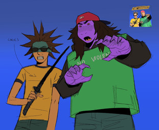 5_fingers ambiguous_gender anthro backwards_baseball_cap backwards_hat baseball_cap blue_background bottomwear brown_hair clothing duo eyewear female fingers freckles green_clothing green_hoodie green_topwear hair hat headgear headwear holding_katana holding_melee_weapon holding_object holding_sword holding_weapon hoodie katana melee_weapon open_mouth pants parody purple_body purple_scales red_baseball_cap scales sharp_teeth shirt simple_background spiky_hair sunglasses sword teeth text text_on_clothing text_on_topwear topwear weapon yellow_clothing yellow_shirt yellow_topwear napsskai deltarune joey_valence_&_brae no_hands_(album) undertale_(series) kris_dreemurr susie_(deltarune) human mammal scalie 2025 album_cover cover english_description english_text hi_res lol_comments reference_image