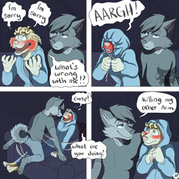 annoyed anthro apologetic barefoot black_clothing black_hair black_shirt black_topwear blonde_hair blue_eyes blush bottomwear breaking_the_fourth_wall brown_eyes cheek_blush clothing covering covering_face dialogue duo eye_contact feet four_frame_image fur furniture grey_body grey_fur hair hands_together hoodie logo looking_at_another looking_at_viewer male on_sofa page_number panicking pants scared shirt sitting sitting_on_sofa sofa speech_bubble tail text topwear yellow_body yellow_fur kriek_wildebeest jeremy_(kriek_wildebeest) tom_(kriek_wildebeest) border_collie canid canine canis collie domestic_dog herding_dog husky hybrid mammal nordic_sled_dog pastoral_dog sheepdog spitz wolf 1:1 artist_logo comic english_text hi_res multiple_scenes