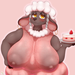 anthro areola areola_outline big_areola big_breasts big_nipples breasts cake clothing dessert dress ear_piercing ear_ring elderly elderly_female female food grey_body grey_hair hair hand_on_hip hand_on_own_hip horizontal_pupils huge_breasts looking_at_viewer mature_female nipple_outline nipples overweight overweight_female piercing pupils ring_piercing sagging_breasts smile solo thick_thighs translucent translucent_clothing translucent_dress white_hair wool_hair yellow_eyes highoncoffee bovid caprine mammal sheep 1:1 absurd_res hi_res