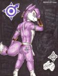 accessory alternate_color anthro armor biped black_background bottomwear butt clothed clothing crossgender dipstick_tail ftm_crossgender fur furgonomics hair leg_markings loincloth looking_aside looking_at_viewer male markings multicolored_tail purple_body purple_eyes purple_fur purple_hair short_hair side_view simple_background skimpy smile socks_(marking) solo standing tail tail_accessory tail_markings tailband topless vambrace white_body white_fur ek_goya nintendo star_fox krystal_(star_fox) canid canine fox mammal 2009