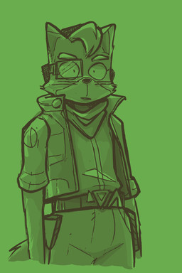 anthro belt clothing dot_pupils male scouter solo tail topwear vest whiskers wide_eyed bbravaa nintendo star_fox fox_mccloud canid canine fox mammal 2:3 hi_res restricted_palette