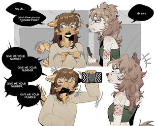 anthro biped blush breasts claws clothed clothed_anthro clothed_female clothing dialogue duo eyewear female fingers front_view fur glasses hair speech_bubble standing stripes tail teeth text raccoattack canid canine canis domestic_cat domestic_dog felid feline felis mammal 2026 digital_drawing_(artwork) digital_media_(artwork) english_text hi_res