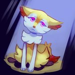 2018 anthro braixen digital_media_(artwork) eyebrows eyelashes female flavia-elric fluffy fluffy_tail fur generation_6_pokemon hi_res inner_ear_fluff mouth_closed nintendo on_ground paws pink_eyes pokemon pokemon_(species) pupils sad simple_background solo tail tuft white_body white_fur white_sclera yellow_body yellow_fur