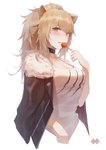 blonde_hair blush candy clothing collar dessert female food hair jacket lollipop ponytail shirt solo topwear yellow_eyes saw272 arknights hypergryph studio_montagne siege_(arknights) animal_humanoid felid felid_humanoid humanoid mammal mammal_humanoid 2019 absurd_res hi_res