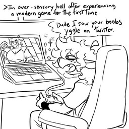 ahoge ambiguous_gender anthro bottomwear chair clothing computer controller dazed dialogue duo electronics fangs freckled_face freckles furniture game_controller gaming hair holding_controller holding_object laptop looking_at_computer looking_at_object male messy_hair open_mouth pants playing_video_game shirt solo sweatband teeth text topwear wristwear xbox_controller nerdyreindeer microsoft mihoyo xbox xbox_game_studios zenless_zone_zero gumdrop_(nerdyreindeer) komano_manato deer humanoid mammal 1:1 2026 english_text monochrome