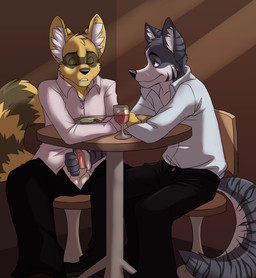 alcohol animal_genitalia animal_penis anthro balls beverage bottomwear canine_genitalia canine_penis clothed clothing duo erection eyes_closed food furniture genitals hand_holding handjob male male/male open_bottomwear open_clothing open_pants pants penile penis public public_sex sex table tail under_table wine jailbird rogern_(character) shaktani_(character) canid canine canis domestic_cat domestic_dog felid feline felis husky hybrid mammal nordic_sled_dog procyonid raccoon spitz wolf digital_media_(artwork) shaded