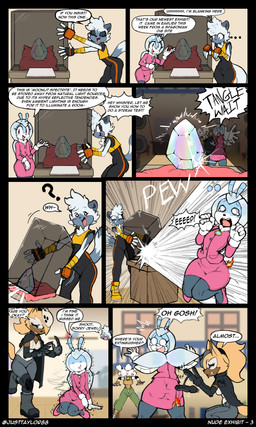 accessory ambiguous_gender anthro arm_wraps bell bell_collar boots bottomwear butt clothing collar dialogue female fire footwear group hair_accessory hair_tie inside jumpsuit motion_lines museum onomatopoeia pants question_mark shirt shoes sneakers sound_effects speech_bubble tank_top text topwear wraps himitsu justtaylor idw_publishing sega sonic_the_hedgehog_(comics) sonic_the_hedgehog_(idw) sonic_the_hedgehog_(series) jewel_the_beetle lanolin_the_sheep_(sonic) tangle_the_lemur whisper_the_wolf arthropod beetle bovid canid canine canis caprine insect jewel_beetle lemur mammal primate sheep strepsirrhine wolf 3:5 absurd_res comic english_text hi_res watermark