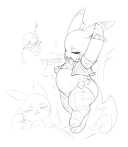 anthro digestion_implied female solo standing tired vore vore_implied kekitopu nintendo pokemon rocketchu drifloon generation_1_pokemon generation_4_pokemon pikachu pokemon_(species) hi_res monochrome
