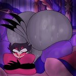 anthro bedroom_eyes big_butt bodily_fluids butt hug huge_butt hugging_object hugging_pillow hyper hyper_butt lying male narrowed_eyes nude pillow seductive solo steam sweat sweaty_butt thick_thighs wide_hips plapjax helluva_boss stolas_(helluva_boss) avian bird demon owl hi_res