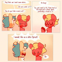 blonde_hair duo hair male misunderstanding text turquoise_hair sockiepuppetry hasbro mlp_g5 my_little_pony hitch_trailblazer_(mlp) sprout_cloverleaf_(mlp) earth_pony equid equine horse mammal pony 1:1 comic english_text