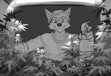 5_fingers anthro clothed clothing drugs fingers fur hair male marijuana smile solo drmax canid canine mammal 2021 digital_media_(artwork) hi_res