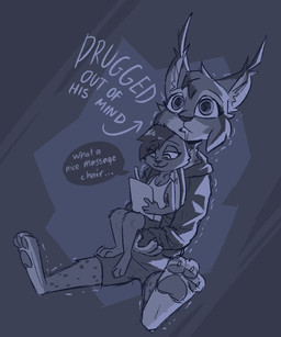 3_toes ambiguous_anthro ambiguous_gender anthro barefoot bodily_fluids cheek_tuft claws clothed clothed_ambiguous clothing drooling drugged duo ear_tuft facial_tuft feet female female_anthro fully_clothed fully_clothed_ambiguous fur head_tuft markings pawpads paws saliva sitting spots spotted_body spotted_fur substance_intoxication text toe_claws toes tuft theblueberrycarrots elote_(enginetrap) marc_(theblueberrycarrots) felid feline lagomorph leporid lynx mammal rabbit digital_drawing_(artwork) digital_media_(artwork) english_text hi_res monochrome source_request male_(lore)