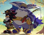 anthro belly belt black_body black_fur bottomwear bucket_hat clothing duo fishing_rod fluffy_chest footwear fur hat headgear headwear male overweight purple_body purple_fur sandals shoes shorts striped_body striped_fur stripes ohposhers sega sonic_the_hedgehog_(series) big_the_cat froggy_(sonic) shadow_the_hedgehog amphibian domestic_cat eulipotyphlan felid feline felis frog hedgehog mammal hi_res