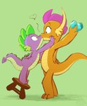 accidental_kiss anthro blue_eyes chair duo female furniture gem green_background green_body green_eyes holding_object kissing male orange_body purple_body simple_background spikes surprise tail wings elicitie friendship_is_magic hasbro my_little_pony mythology smolder_(mlp) spike_(mlp) dragon mythological_creature mythological_scalie scalie absurd_res hi_res