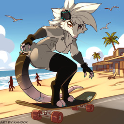 anthro areola athletic barbell_piercing beach big_breasts black_clothing black_eyeshadow black_legwear black_markings black_thigh_highs breasts bridge_piercing building casual_exposure cheek_tuft chest_tattoo chin_piercing clothed clothing cloud colored_nails day ear_piercing ear_ring eyebrow_piercing eyeshadow facial_piercing facial_tuft feet female fingerless_(marking) fingerless_gloves fur gloves gloves_(marking) grey_body grey_fur hair handwear house industrial_piercing legwear makeup markings mostly_nude nails neck_tuft nipple_piercing nipples nose_piercing outside palm_tree piercing plant red_eyes ring_piercing sand sea silhouette skateboard skateboarding sky solo tail tattoo thigh_highs toeless_(marking) tree tuft vehicle water white_body white_fur white_hair kandox_tekzer heather_(kandox_tekzer) ambient_bird american_opossum mammal marsupial colored digital_media_(artwork) full-length_portrait portrait shaded