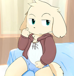 anthro bed bulge clothing furniture inside male on_bed shota sitting solo young young_anthro young_male ahphs canid canine canis domestic_dog mammal 2015 hi_res