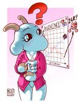 2024 anthro artist_name beverage biped blue_body blush bovid bovine breasts bunny_maloney bunny_maloney_meko candy_bunny cattle charlotte_(bm) chart clothed clothing coffee coffee_cup coffee_mug container cup dated digital_drawing_(artwork) digital_media_(artwork) english_text eyelashes featureless_crotch female handwritten_text hi_res hoof_hands hooves horn lagomorph leporid looking_up mammal official_art partially_clothed question_mark rabbit shaded simple_shading standing text