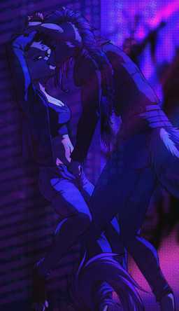 against_surface against_wall anthro arms_above_head blacklight bottomwear braided_hair braided_ponytail breasts cleavage clothed clothing duo female female/female female_dominating_female fingering fingering_partner hair hand_in_underwear interspecies jacket kissing long_hair midriff navel nightclub open_bottomwear open_clothing open_jacket open_pants open_topwear panties pants party pinned pinned_to_wall ponytail public restraints sex topwear underwear vaginal vaginal_fingering thane_corst canid felid feline lynx mammal serval hi_res