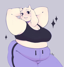 2_horns anthro belly black_bra black_clothing black_sports_bra black_underwear bodily_fluids bottomwear bra breasts cleavage clothed clothed_anthro clothed_female clothing eyelashes female floppy_ears fur hands_behind_head head_horn horn lop_ears pants simple_background slightly_chubby slightly_chubby_anthro slightly_chubby_female solo sparkles sports_bra sweat underwear white_body white_ears white_fur white_horn paggi undertale_(series) toriel boss_monster_(undertale) bovid caprine goat mammal 2024 digital_drawing_(artwork) digital_media_(artwork) hi_res portrait three-quarter_portrait