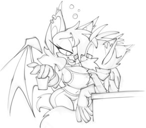 2_tails anthro big_breasts breasts clothing drunk duo female glass gloves hair hair_over_eye handwear male midriff multi_tail navel one_eye_obstructed shirt substance_intoxication tail tank_top topwear wings bigdad sega sonic_the_hedgehog_(series) miles_prower rouge_the_bat bat canid canine fox mammal monochrome
