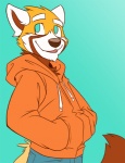 anthro blue_background blue_eyes brown_body brown_fur brown_nose clothed clothing fully_clothed fur hand_in_pocket hands_in_both_pockets hoodie jacket looking_aside looking_at_viewer male orange_body orange_fur pockets simple_background smile solo tail toony topwear white_body white_fur ununununium tavi ailurid mammal red_panda flat_colors