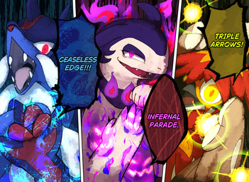 ambiguous_gender anthro armor blue_body brown_body brown_feathers claws colored_fire feathers fire fur group headgear helmet melee_weapon open_mouth open_smile purple_body purple_eyes purple_fire purple_fur red_body red_claws red_eyes red_feathers red_nose smile sword tan_body tan_fur teeth text tongue trio weapon white_body white_feathers yellow_eyes vcrow_shuu jujutsu_kaisen nintendo pokemon generation_8_pokemon ghost hisuian_decidueye hisuian_form hisuian_samurott hisuian_typhlosion pokemon_(species) regional_form_(pokemon) spirit 2026 absurd_res english_text hi_res