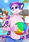 anthro big_tail chest_tuft clothing femboy fluffy fluffy_tail fur group holidays male pawpads paws pink_body pink_fur purple_body purple_fur shirtless shirtless_male slim smile solo_focus swimwear tail tuft water wet wet_body wet_fur tiaamaito christmas drewby_(drewby) deer domestic_cat felid feline felis mammal pantherine snow_leopard hi_res