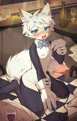 alcohol anthro balls bar beverage blue_eyes blush blush_lines bow_tie claws clothing clothing_aside container cuffs_(clothing) cup cute_fangs drinking_glass fangs finger_claws fluffy fluffy_tail fur genitals glass glass_container glass_cup kemono leggings legwear limp_wrist looking_at_viewer male nipples novelty_clothing penis pointy_ears slim slim_anthro slim_male solo stockings tail teeth thong thong_aside tongue tongue_out underwear underwear_aside white_body white_fur wine wine_glass young young_anthro young_male sosak0622 canid canine fox mammal absurd_res hi_res