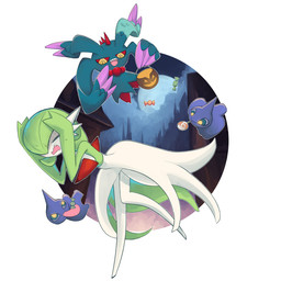 ambiguous_gender candy dessert eyes_closed food green_body green_hair green_skin group hair holidays moon red_sclera tongue tongue_out white_body white_skin yellow_eyes beetarp halloween nintendo pokemon ancient_pokemon flutter_mane gardevoir generation_3_pokemon generation_9_pokemon humanoid paradox_pokemon pokemon_(species) shuppet spirit 1:1